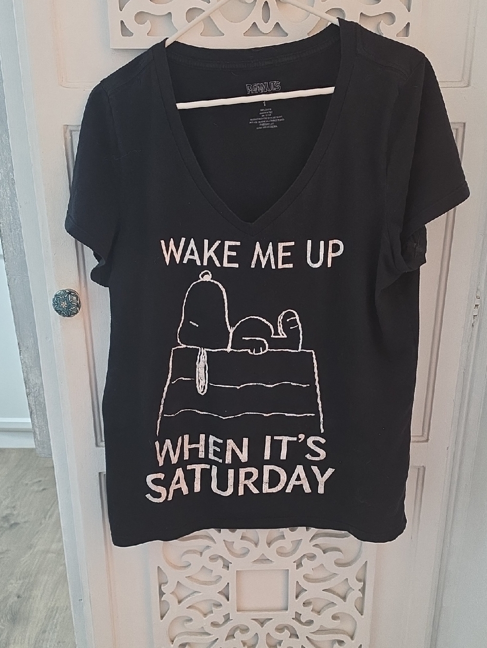 Peanuts Black Tee with White Printed Logo